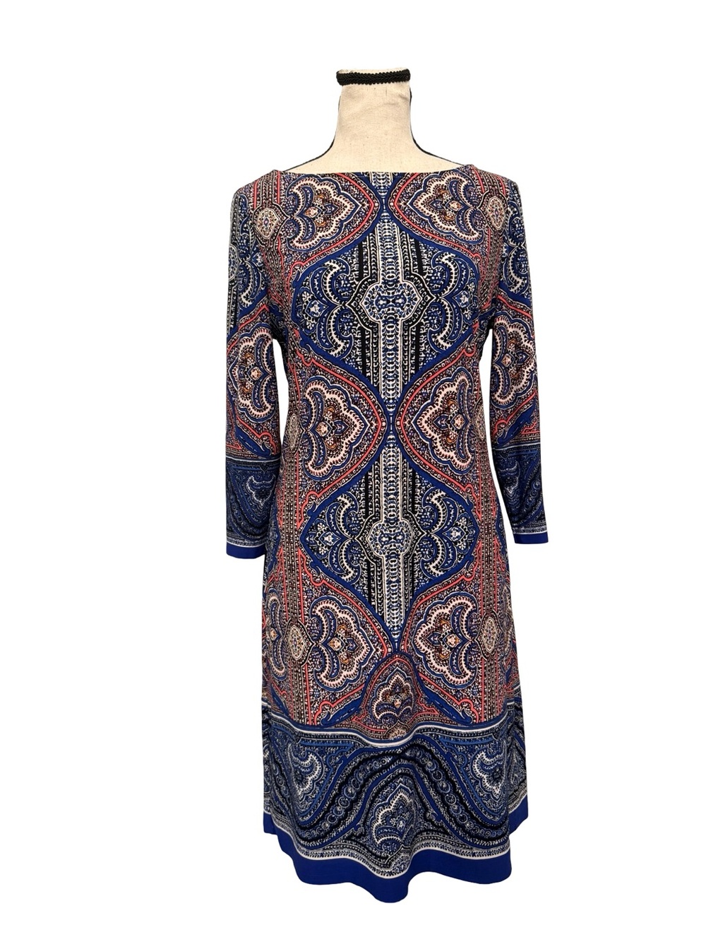 London Times Blue Paisley Print Sheath Dress Size 6 Stretch Midi